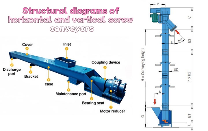 Structural diagrams of horizontal and vertical screw conveyors