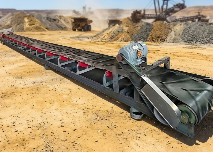 Industrial belt conveyor transporting bulk limestone in a cement manufacturing plant