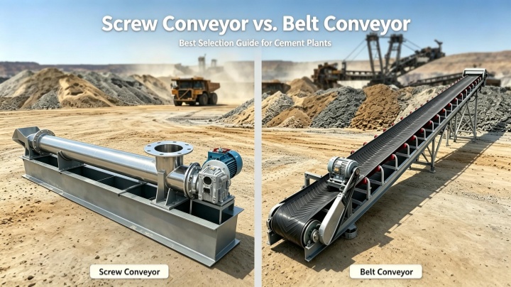 Material conveying process in a cement production line using belt and screw conveyors